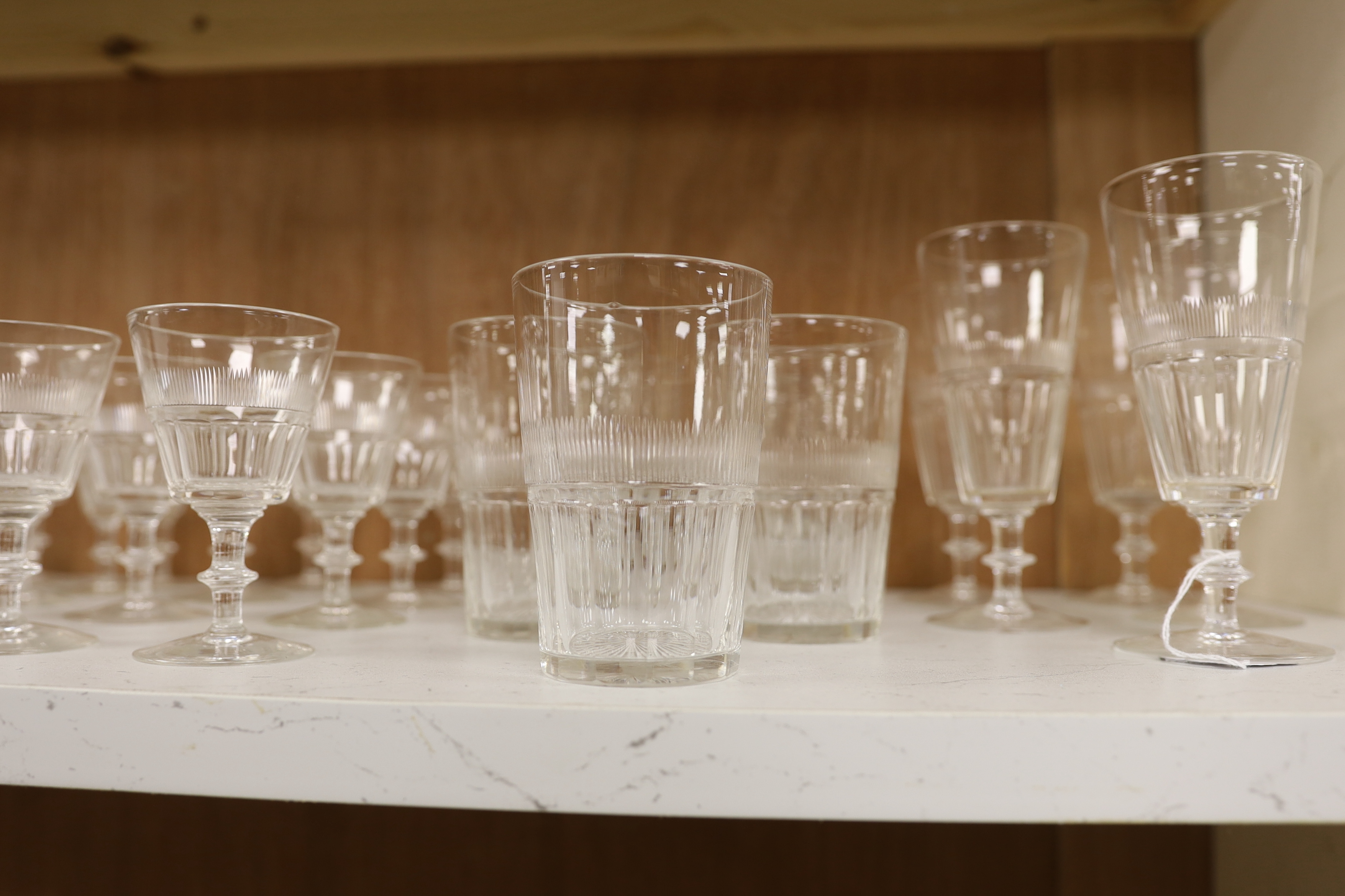 Collection of vintage glasses including set of seven tumblers